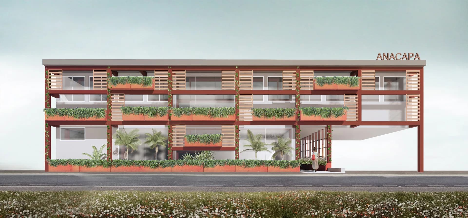 Architectural elevation rendering of a multi-story mixed-use building with red-brown framework, green planted terraces, and large glazed openings, located in Anacapa by Valerie Schweitzer Architects (VSA).