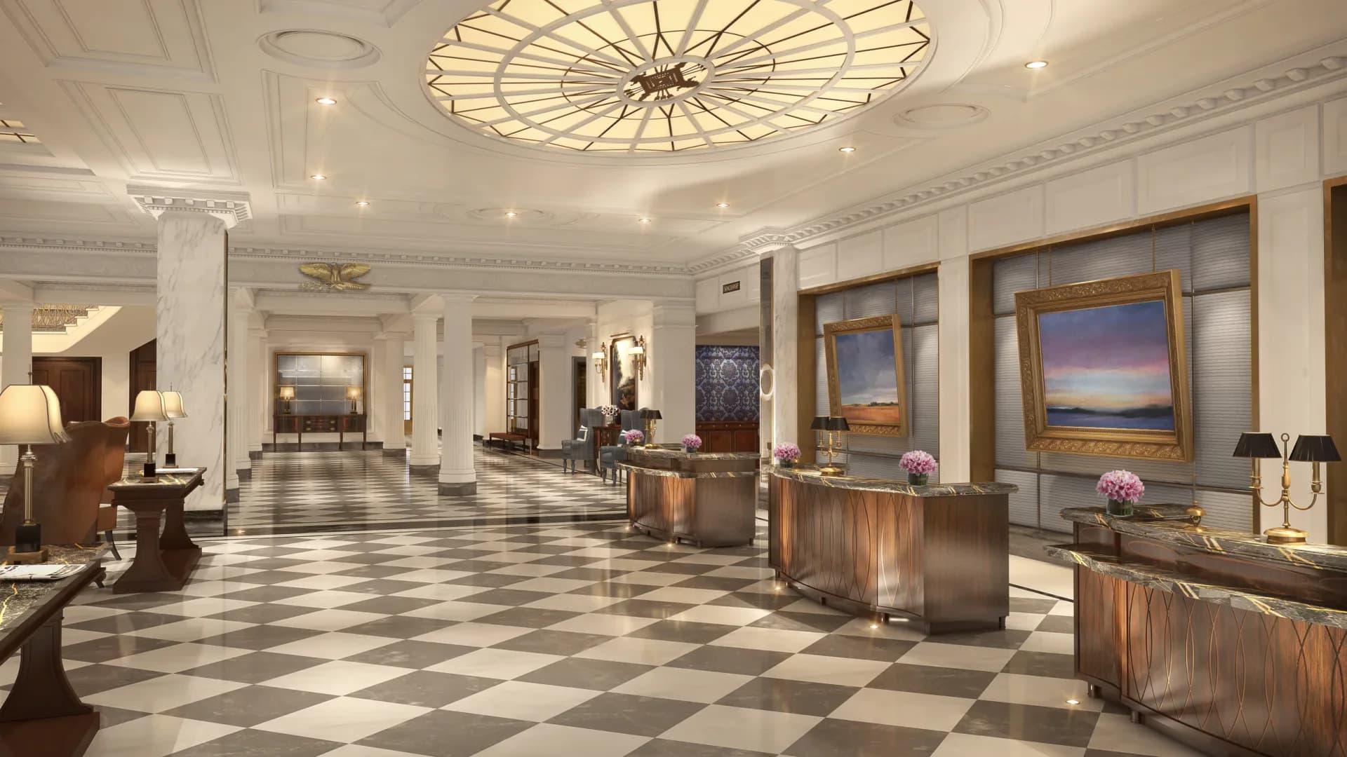 Luxurious hotel lobby with checkered marble flooring, ornate ceiling fixture, and warm wood-paneled reception desks, designed by Ventresca Lighting Designers.