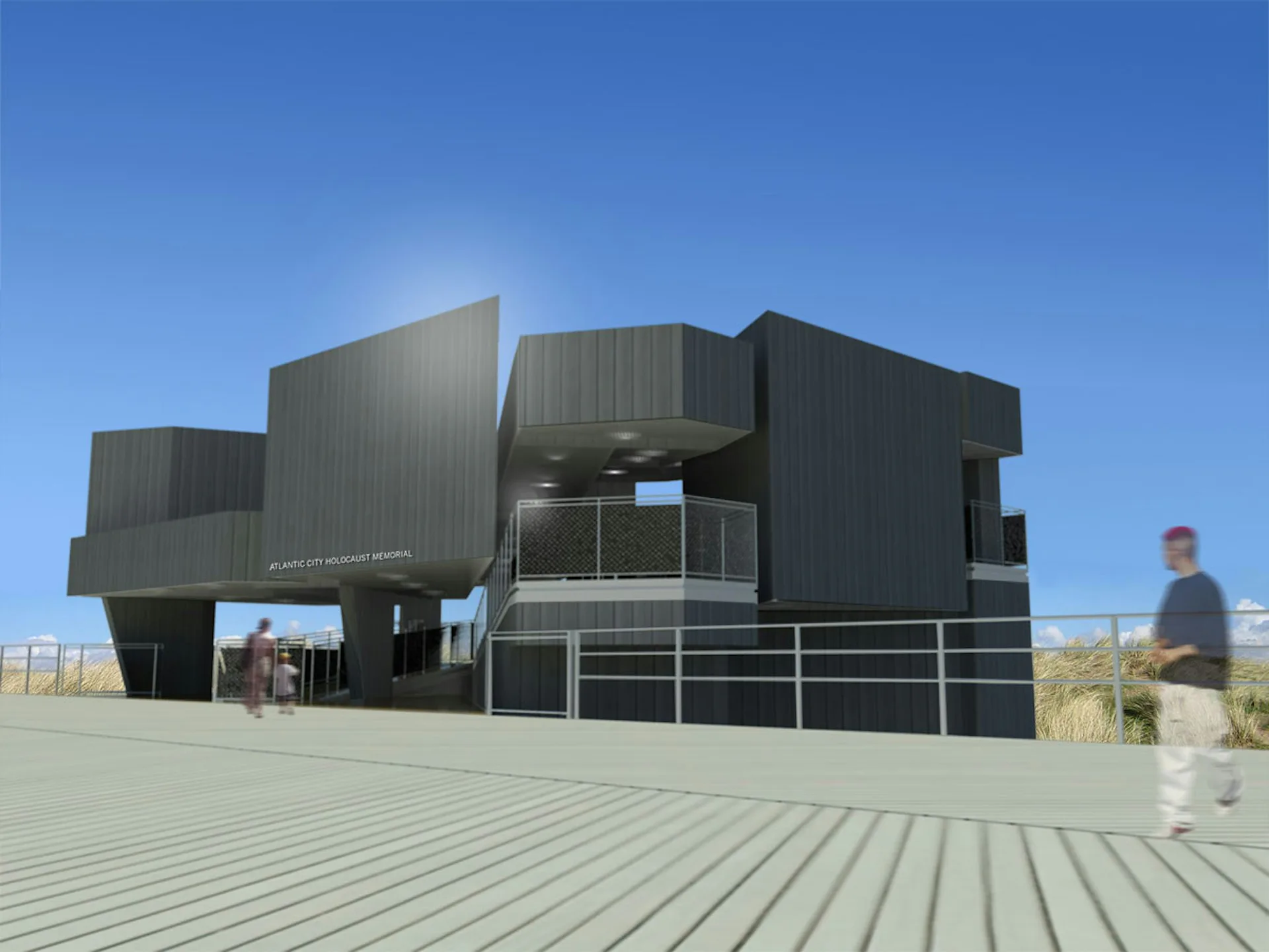 Angular black and metallic museum building with geometric forms against clear blue sky, photographed from plaza with metal decking by VIRALINE Architecture LLP.
