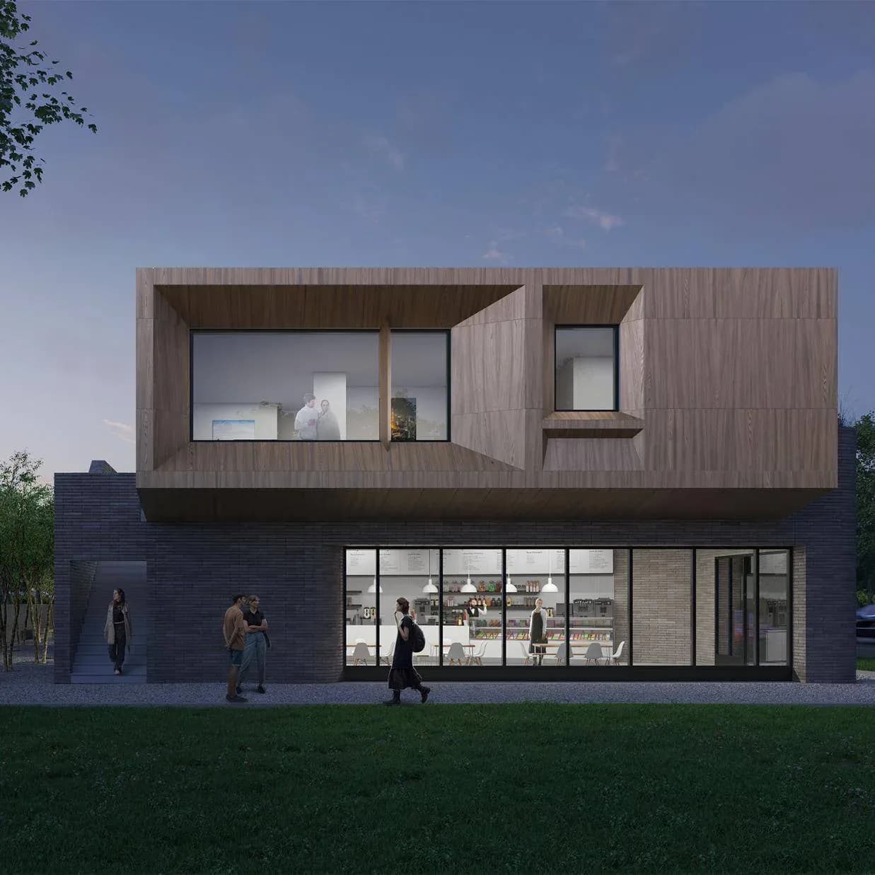 Modern two-story residential building with wood and dark brick cladding, featuring large windows and geometric volumes, by VIRALINE Architecture LLP.