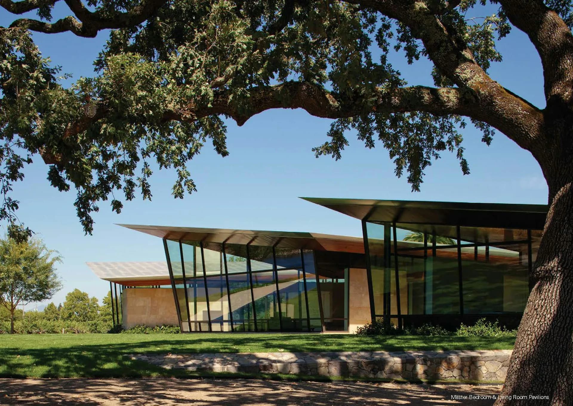 Modern institutional building with brick and glass facade beneath a large oak tree, featuring angular roof lines and expansive windows, designed by Voorsanger Architects PC.