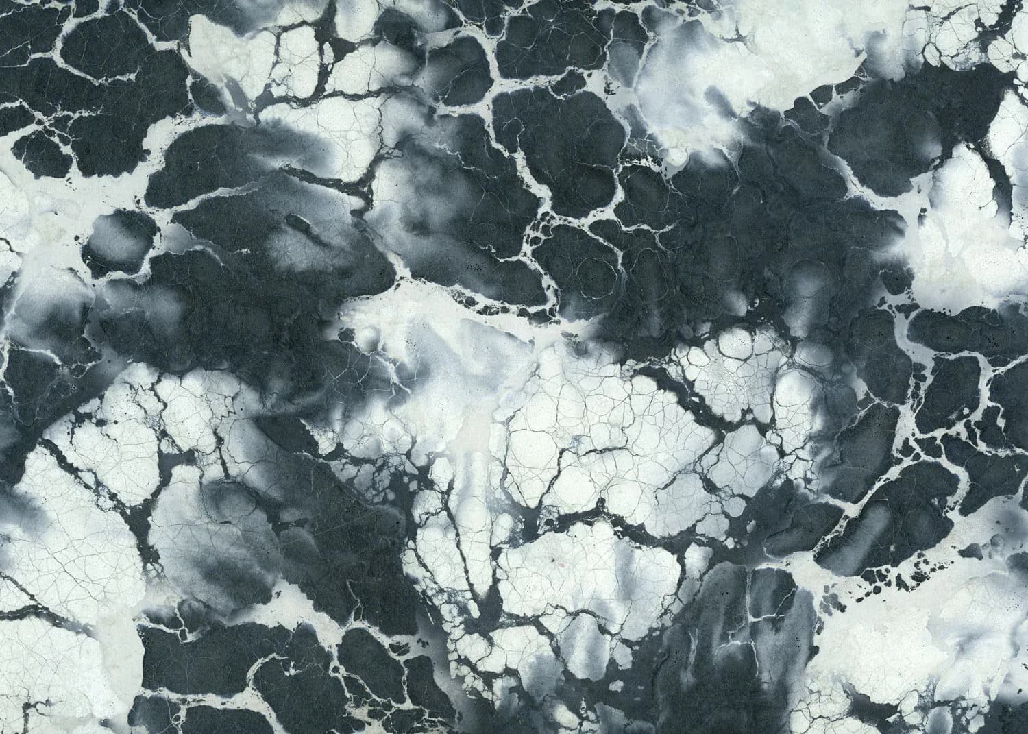 Cracked marble surface with dramatic black and white veining pattern, creating an abstract textured finish by Wallpaper Projects.