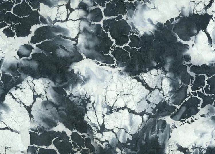 Abstract marble surface with dramatic black and white veining and cracked pattern, creating textural material study by Wallpaper Projects.