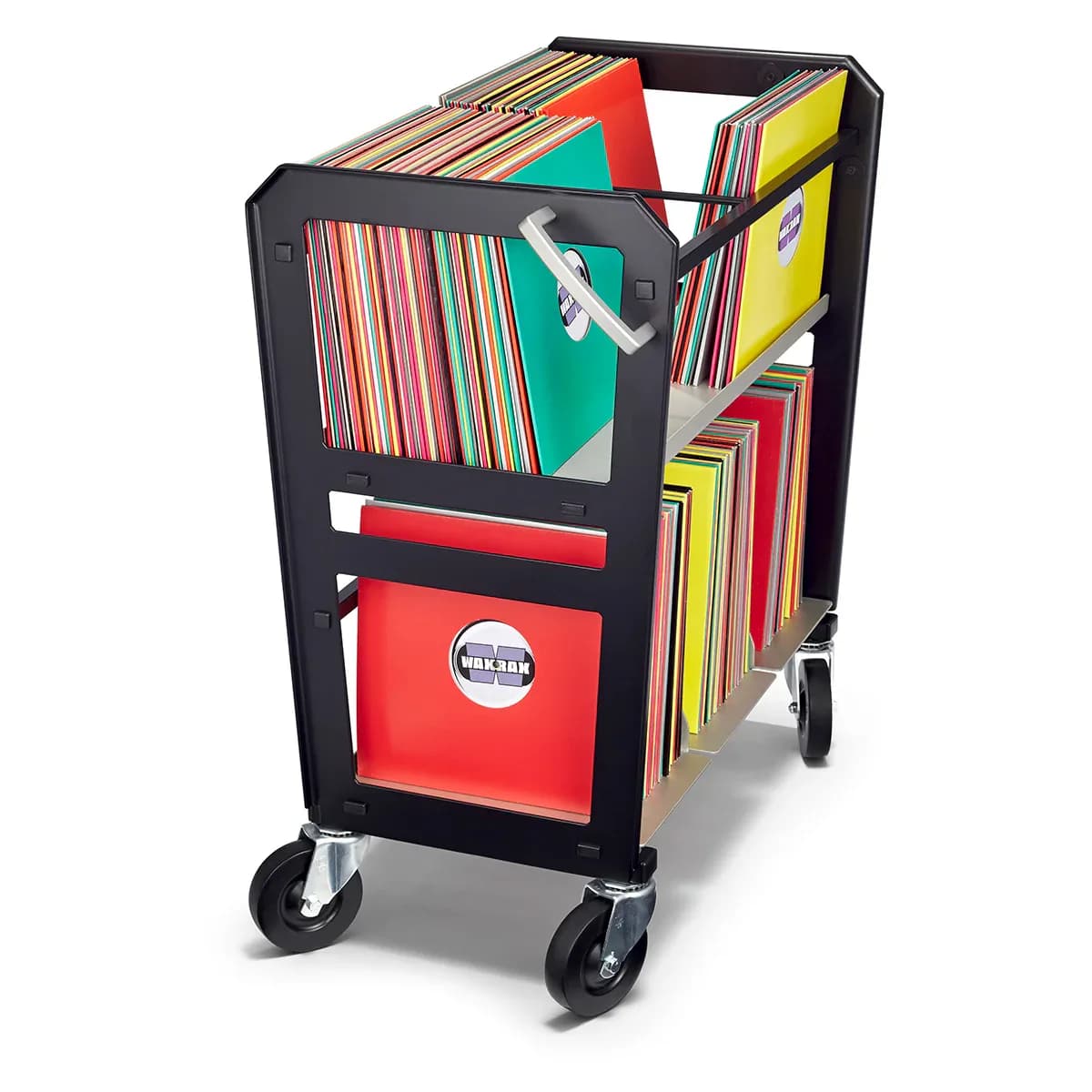 Black metal rolling cart with colorful vinyl records stored in organized compartments and a red storage drawer, designed by WAXRAX.