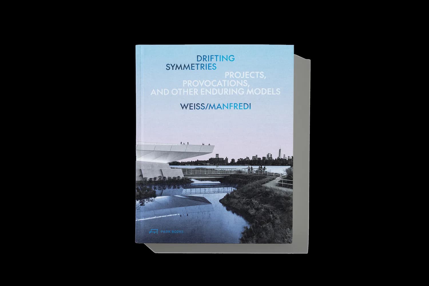 Book cover for 'Drifting Symmetries' featuring a landscape photograph of a winding river and treeline under cloudy skies by WEISS/MANFREDI.