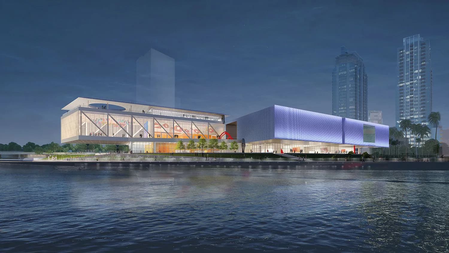 Waterfront pavilion with illuminated steel-frame structure and purple-lit extension alongside modern high-rises at dusk, by WEISS/MANFREDI.