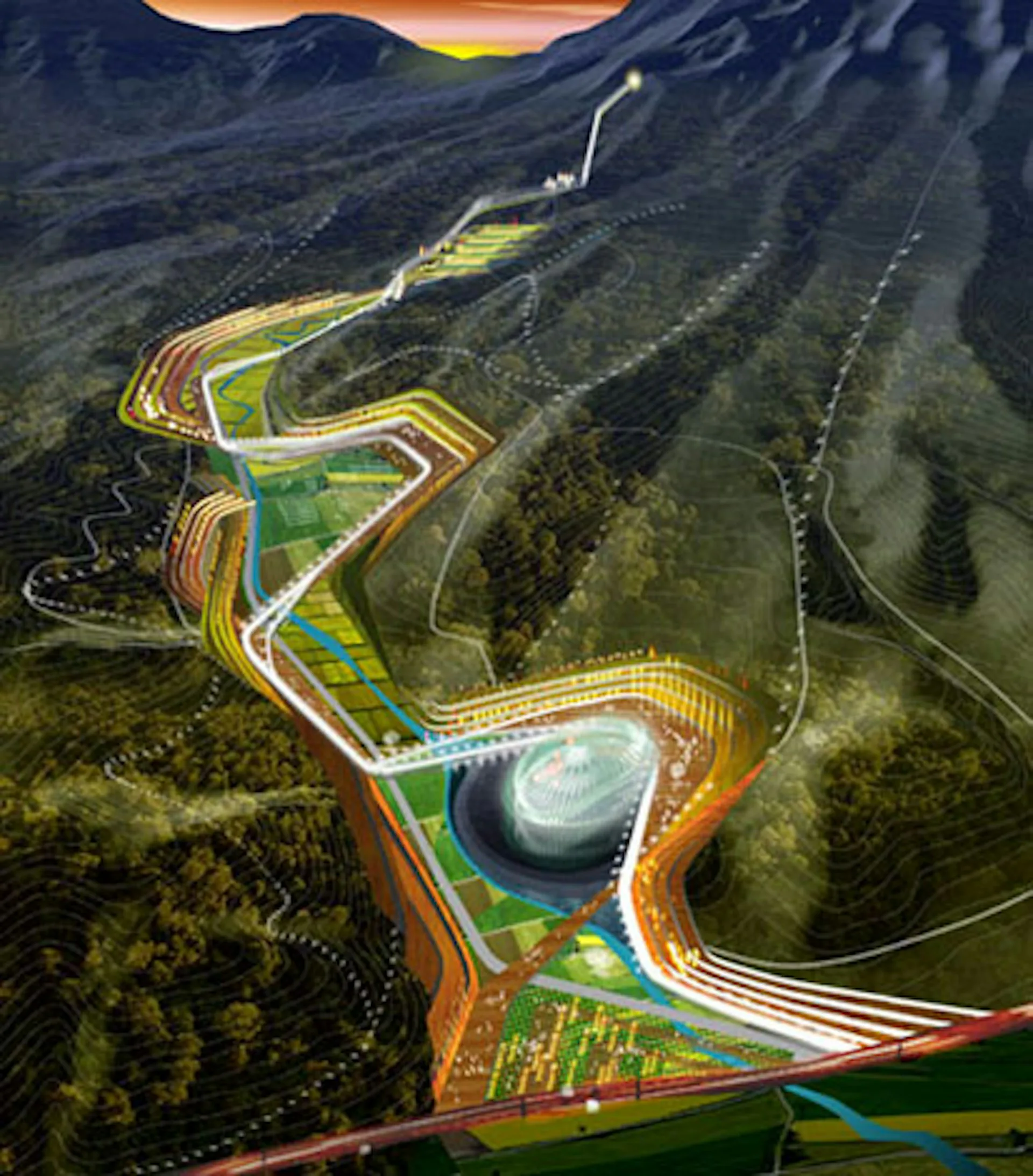 Aerial rendering of a serpentine landscape design with colorful terraced pathways, green spaces, and a circular water feature surrounded by forest, set against a dramatic sunset sky by WEISS/MANFREDI Architecture/Landscape/Urbanism.