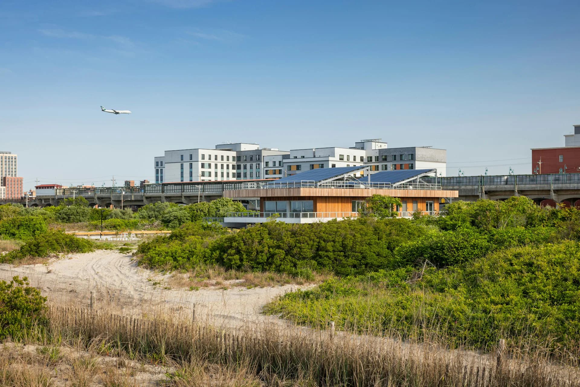 Waterfront development with modern buildings, restored marshland, and native plantings by WXY architecture + urban design.