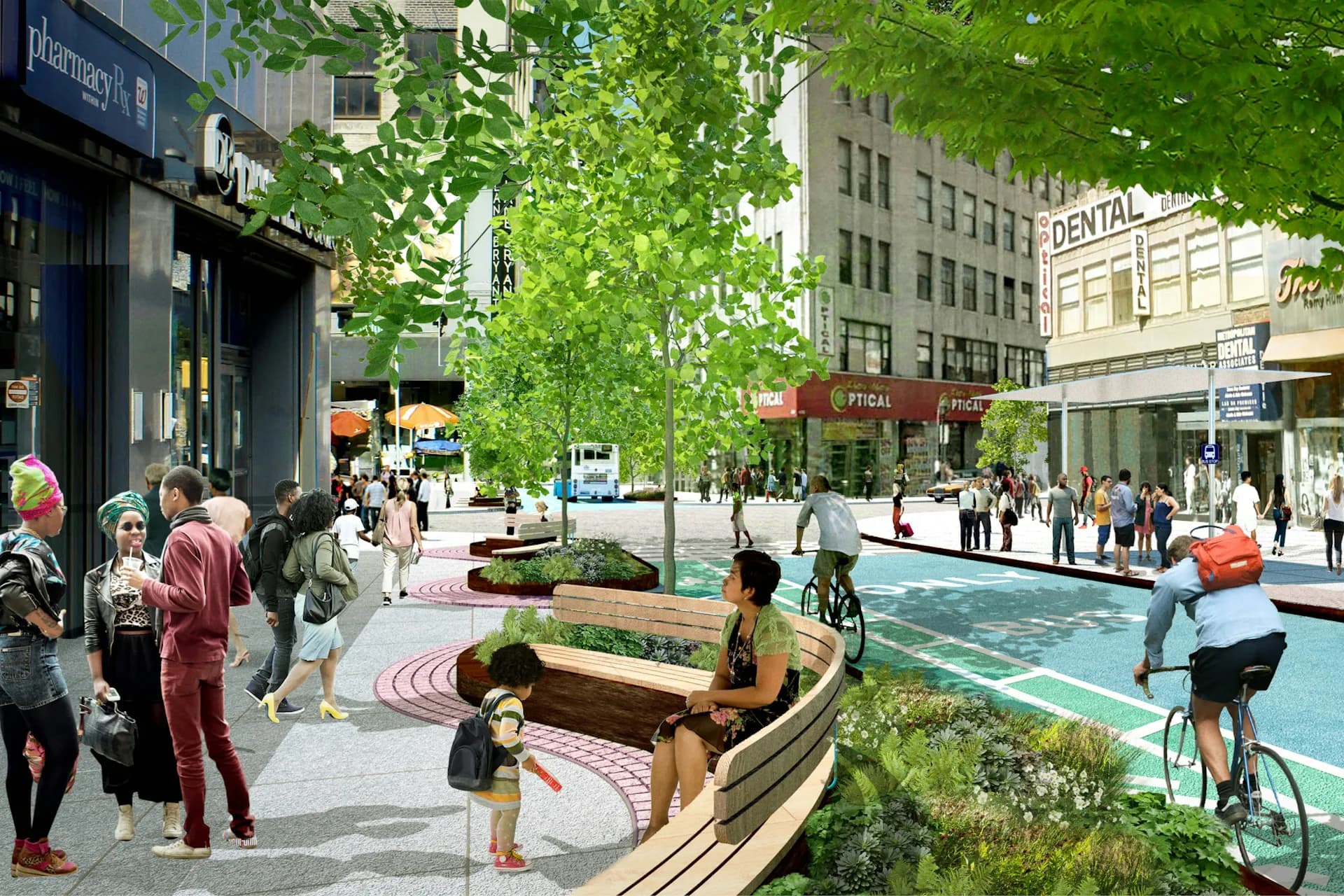 Urban plaza design with curved wooden seating, lush green canopy, blue water feature, and mixed pedestrian and cyclist activity by WXY architecture + urban design.