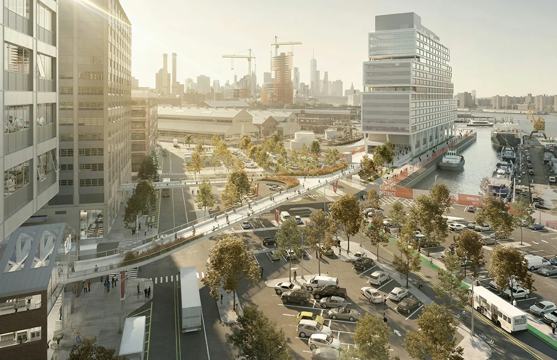 Elevated public waterfront plaza with landscaping, trees, and pedestrian pathways overlooking a city skyline and river, designed by WXY architecture + urban design.