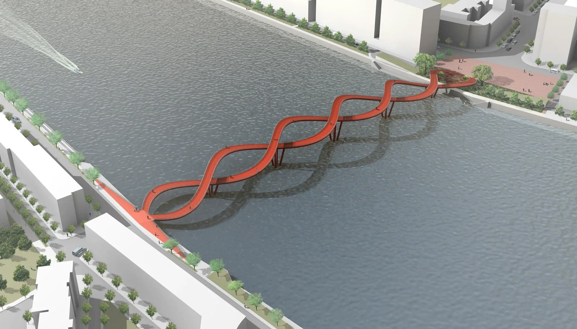 Aerial view of a waterfront promenade with undulating red sculptural elements and integrated seating along the water's edge, designed by WXY architecture + urban design.