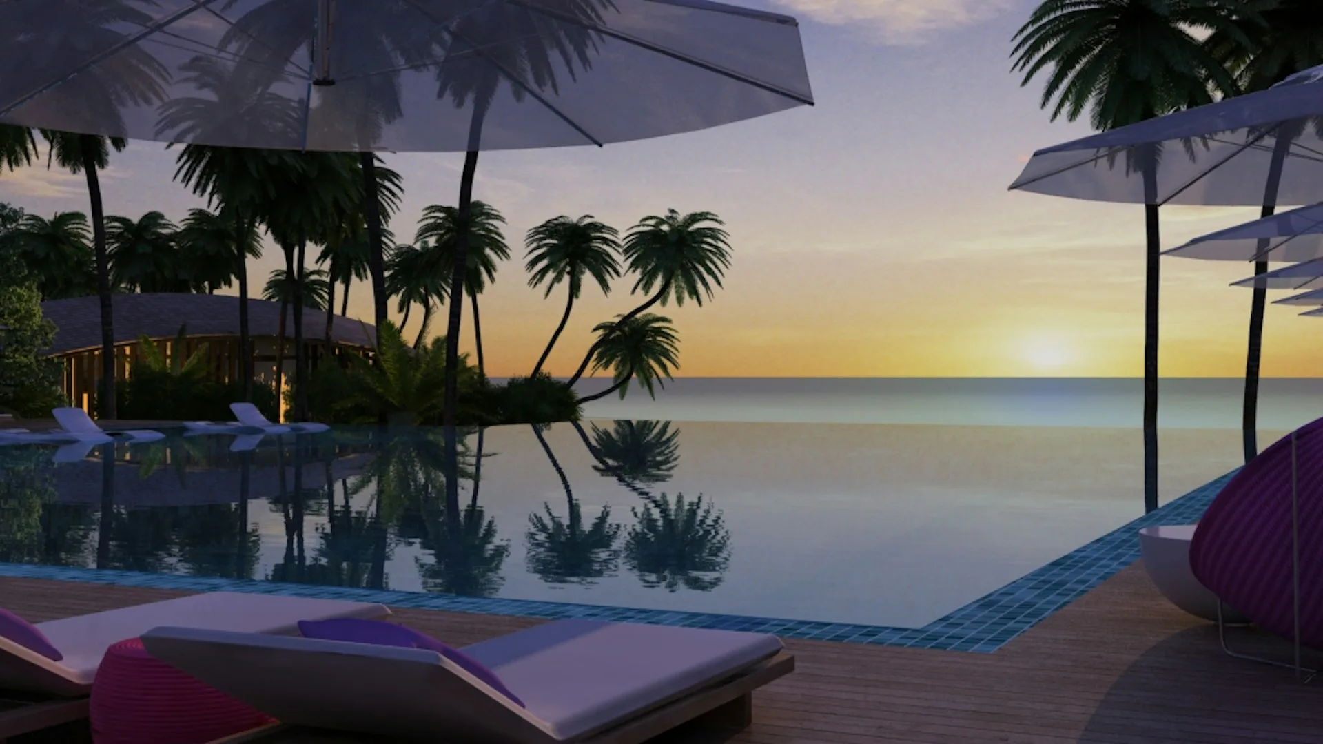 Luxury waterfront resort with infinity pool, palm trees, and lounge areas at sunset by Yuji Yamazaki Architecture.
