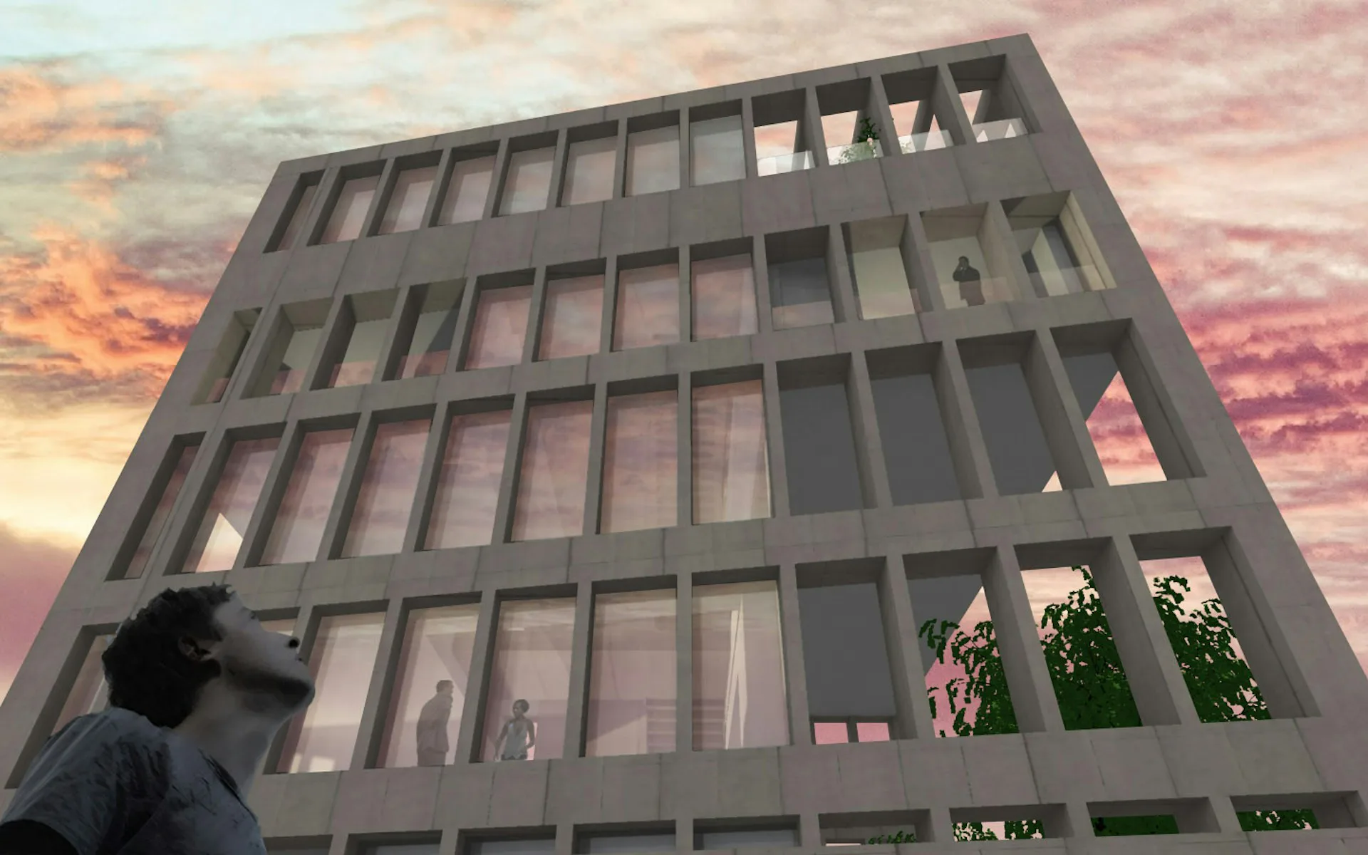 Architectural rendering of a modern multi-story facade with gridded window pattern and warm sunset sky backdrop, by Yuji Yamazaki Architecture.