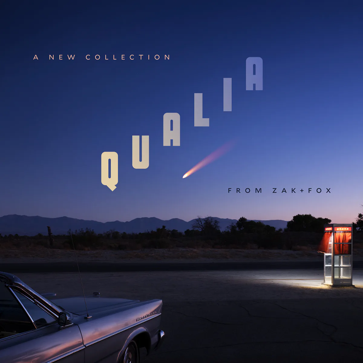 Nighttime desert landscape with vintage car and illuminated gas station, featuring stylized text floating in sky, by Zak + Fox.