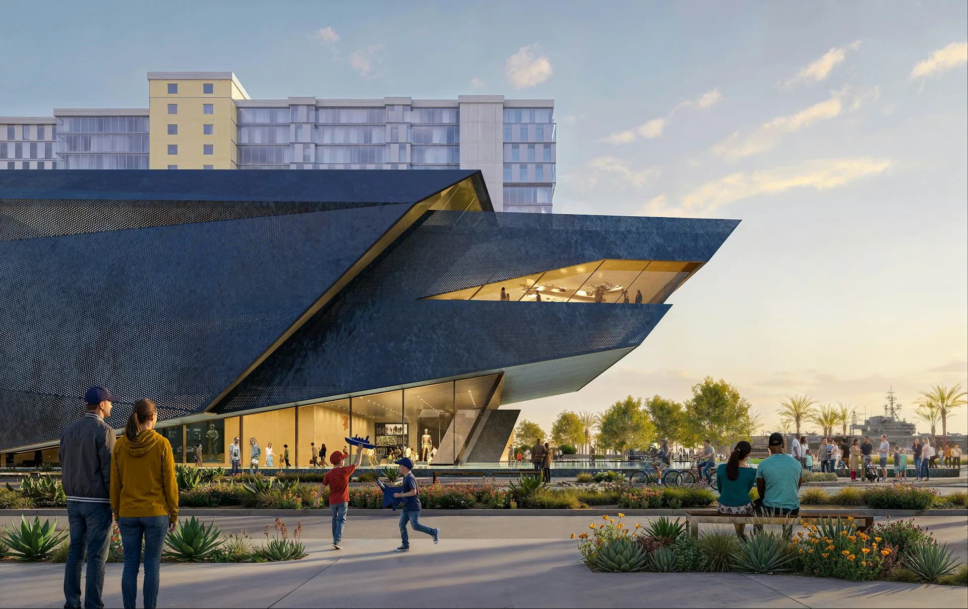 Modern angular blue structure with dramatic cantilevered form and golden interior lighting, waterfront plaza with people and palm trees, contemporary architecture by ZGF Architects.
